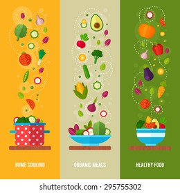 Advertisement set of concept banners with flat vegetable icons for vegetarian restaurant home cooking menu and organic healthy eating recipes