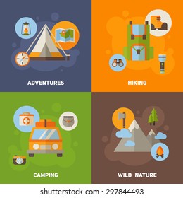Advertisement set of concept banners with flat hiking icons for camping - car, tent, campfire, mountains, trees, camera, backpack, map