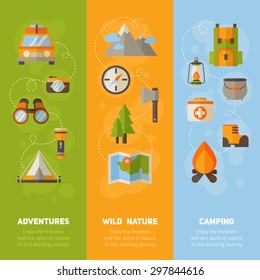 Advertisement set of concept banners with flat hiking icons for camping - car, tent, campfire, mountains, trees, camera, backpack, map