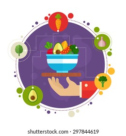 Advertisement set of concept banners with flat vegetable icons for vegetarian restaurant home cooking menu and organic healthy eating recipes
