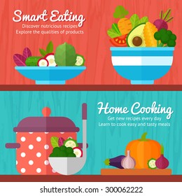 Advertisement set of concept banners with flat vegetable icons for vegetarian restaurant home cooking menu and organic healthy eating recipes