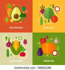 Advertisement set of concept banners with flat vegetable icons for vegetarian restaurant home cooking menu and organic healthy eating recipes