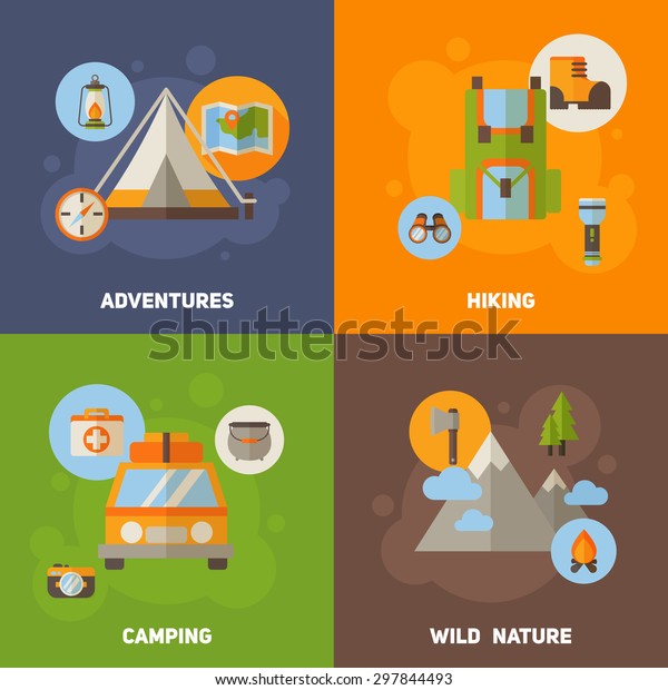 Advertisement set of concept banners with flat hiking\
icons for camping - car, tent, campfire, mountains, trees, camera,\
backpack, map