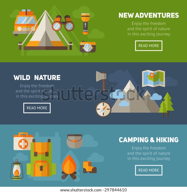 Advertisement set of concept banners with flat hiking\
icons for camping - car, tent, campfire, mountains, trees, camera,\
backpack, map