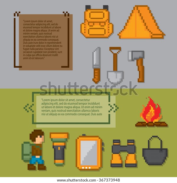 Advertisement set\
of concept banners with flat hiking icons for camping. Pixel art.\
Old school computer graphic\
style.
