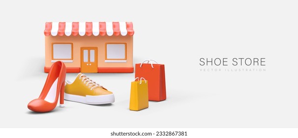 Advertisement of shoe store. Vector scene with building, shopping, bags with handles. Facade with empty windows. Color template for billboard, banner, flyer
