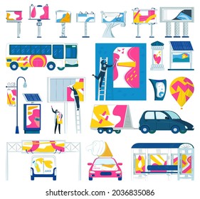 Advertisement sign, outdoor commercial banner set, vector illustration, marketing with billboard, empty blank for advertising, collection.