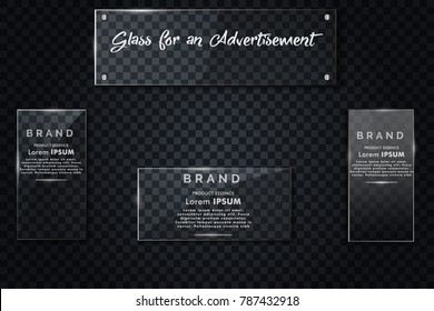 Advertisement signboard from glass. Realistic glass on a black background.EPS10