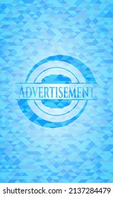 Advertisement sky blue emblem with triangle mosaic background. 