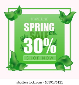 Advertisement - spring sale on background with leaves. Vector - green
