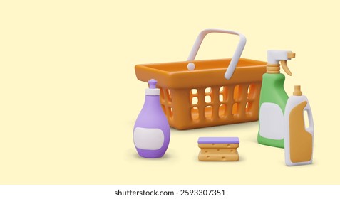 Advertisement of store with detergents and cleaning tools. Vector composition in 3D style. Shopping cart, plastic bottles with empty labels, spray, sponge