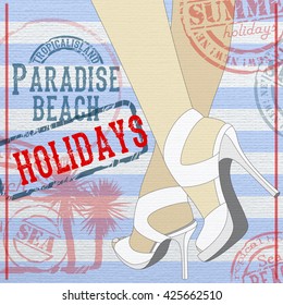 Advertisement summer holiday on the tropical islands with female legs in sandals