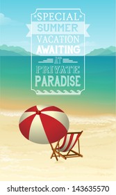 Advertisement for Summer Holidays Seaside Vacation - Poster advertising vacation by the sea, with lounge chair and umbrella on a sandy beach