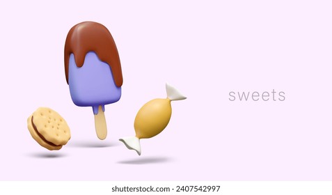 Anuncio de dulces sobre fondo de color. Popsicle 3D con tapón, caramelos, emparedado de galletas. Concepto de estilo de caricatura. Plantilla para volante, pancarta, cabecera