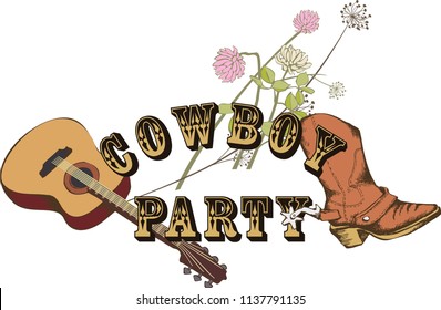 Advertisement template of Cowboy party with different objects related with  festival. Vector illustration