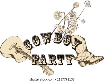 Advertisement template of Cowboy party with different objects related with  festival. Vector illustration