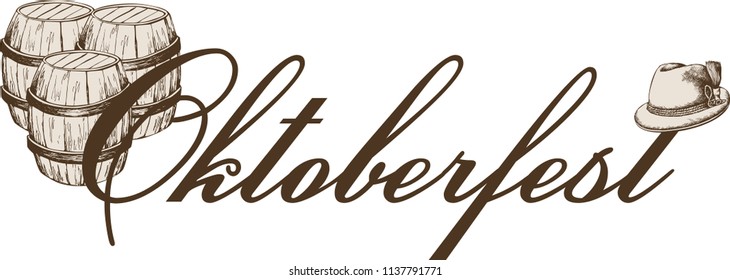 Advertisement template of Oktoberfest beer party with different objects related with beer festival. Engraved style. Vector illustration. 