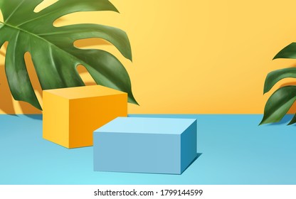 Advertisement template with square stage and tropical plants in 3d illustration