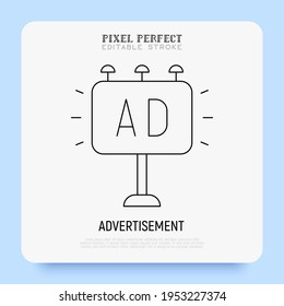 Werbung in dünner Linie Symbol. Reklametafeln. Pixel perfekt, bearbeitbarer Strich. Vektorgrafik.