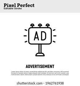 Advertisement thin line icon. Billboard. Pixel perfect, editable stroke. Vector illustration.