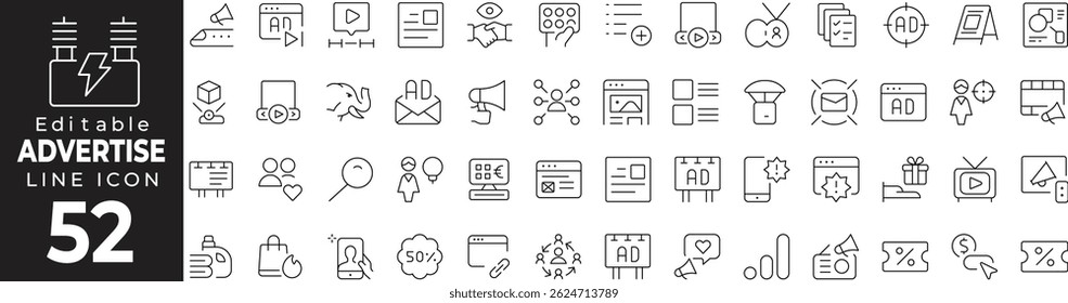 Advertisement Thin Line Icon Set – Marketing, Promotion, Media Campaign