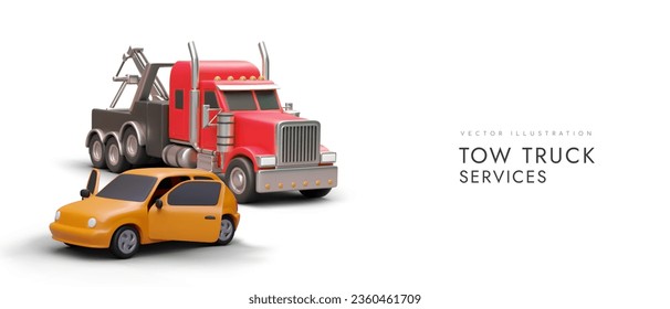 Advertisement of tow truck services on white background. Large realistic tow truck, car with open doors. Transportation of broken car to service point. Commercial concept