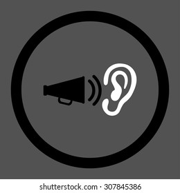 Advertisement vector icon. This rounded flat symbol is drawn with black and white colors on a gray background.