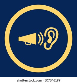 Advertisement vector icon. This rounded flat symbol is drawn with yellow color on a blue background.