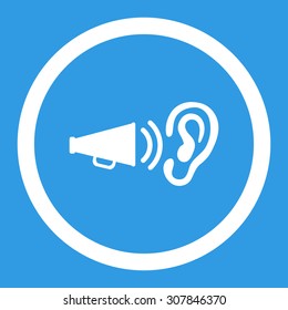 Advertisement vector icon. This rounded flat symbol is drawn with white color on a blue background.