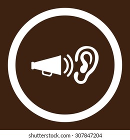 Advertisement vector icon. This rounded flat symbol is drawn with white color on a brown background.