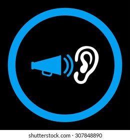 Advertisement vector icon. This rounded flat symbol is drawn with blue and white colors on a black background.