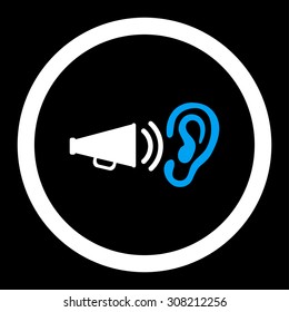Advertisement vector icon. This rounded flat symbol is drawn with blue and white colors on a black background.