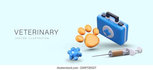 Advertisement of veterinary clinic services. First aid kit, syringe, massage ball, paw print