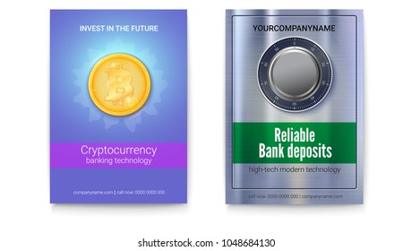 Advertisement of virtual currency Bitcoin and banking services. Safe with combination lock on metal surface with texture. Two posters of concept security of money, 3D illustration.