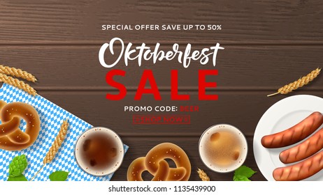 Advertisement web banner for Oktoberfest sale. Vector illustration with realistic beer, sausages and traditional textile on wooden texture. Seasonal offer with discount.