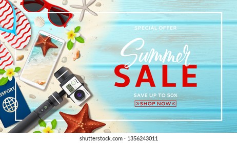 Advertisement web banner for summer sale. Horizontal banner with realistic seashells, starfishes and vacation things on beach sand and wooden texture. Vector illustration with special discount offer.