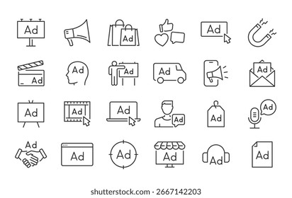 Advertisement web icons in line style. Advertising, marketing, billboard, brand, collection. Vector illustration.