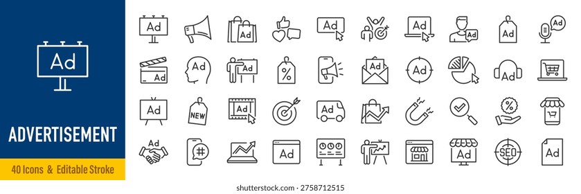 Advertisement web icons in line style. Advertising, marketing, billboard, brand, collection. Vector illustration.