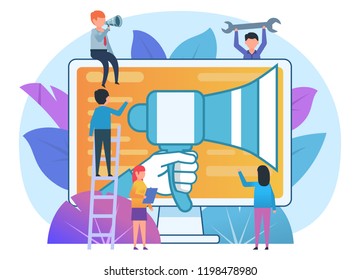 Advertisement in web, public relations concept. Small people stand near loudspeaker, advertisement agency. Poster for presentation, web page, banner, social media. Flat design vector illustration
