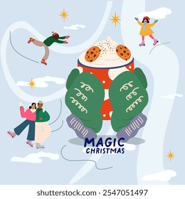 Advertisement of a winter coffee drink. Cartoon human hands in green winter mittens holding cup of coffee. Design for Christmas and New Year greeting card. Cartoon flat people are skating