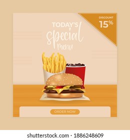 advertisements, burger menu promos, with a 15% discount.