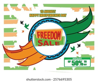 Advertisements celebrating Independence Day feature freedom sales with discounts of up to fifty percent. Includes patriotic design elements, text highlights, and festive atmosphere. 