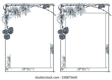 Advertisements, flyer, web, wedding  and other invitations or greeting cards. Vector template. Christmas-tree branches with cones.