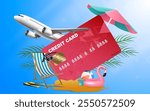 Advertisements using credit cards for travel shopping ticket booking travel online. Summer on beach vacation online in holiday package idea, sea sky background for vector illustration