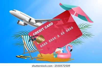 Advertisements using credit cards for travel shopping ticket booking travel online. Summer on beach vacation online in holiday package idea, sea sky background for vector illustration