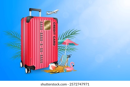 Advertisements using credit cards for travel shopping ticket booking travel online. Summer on beach vacation online in holiday package idea,suitcase,luggage,sea sky background for vector illustration