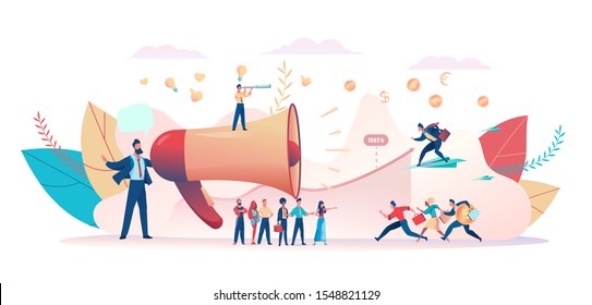 Advertiser attracts attention of business investors buyers. Team of promoters greets customers. Metaphor of advertising promotion. Concept of teamwork, cooperation marketing. Vector flat illustration