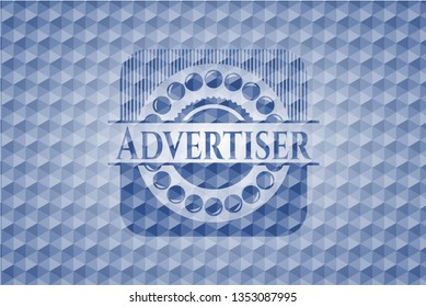 Advertiser blue emblem with geometric pattern background.