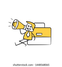 advertiser, businessman holding megaphone,sitting next to briefcase yellow stick figure theme