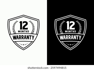 Advertising 12 months warranty shield emblem, for label, icon, logo, badge, symbol, button